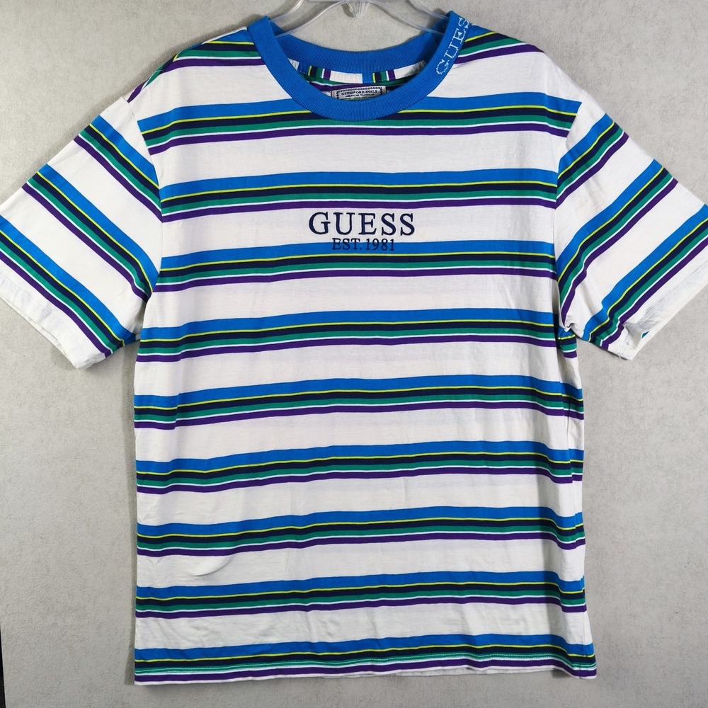 GUESS Originals Striped‎ Graphic Tee Blue 90s Y2K Retro Streetwear Shirt. Medium